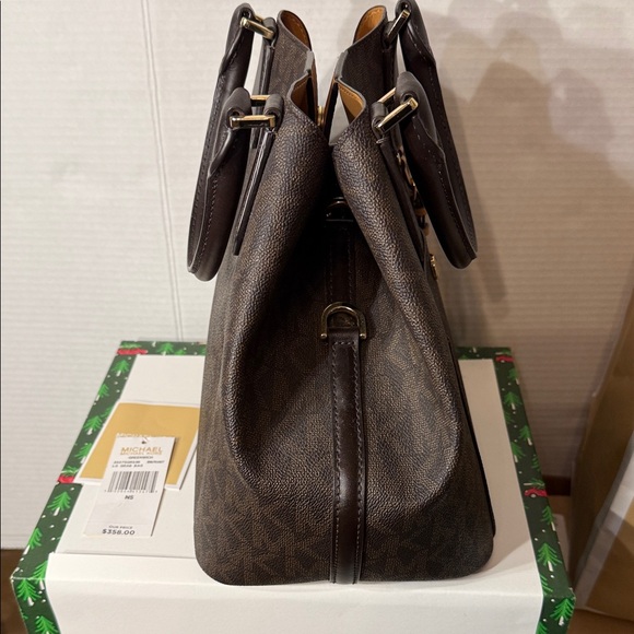 NWT Michael Kors Brown Logo Greenwich Large Grab Bag Tote Satchel MK Signature - Picture 8 of 14